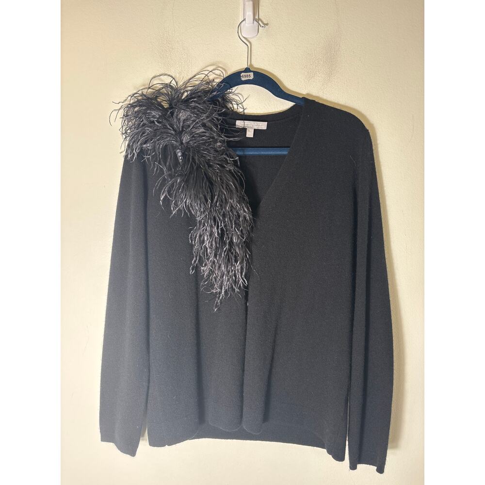 Neiman Marcu Black Cashmere One Shoulder Feather Sweater Sz L
